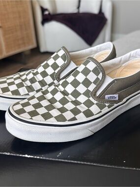 Vans Olive and White Checkerboard Slip-On Sneakers - Women’s Size 8/Men Size 6.5